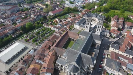 Flying-over-Verdun-Cathedral-a-Roman-Catholic-church-in-Lorraine,-France.